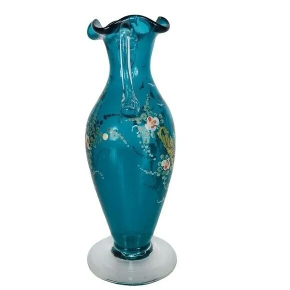 1900s Victorian Hand Painted Teal Gold Leaf Floral Blown Glass Ruffle Vase